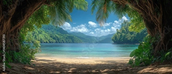 Fototapeta A lush beach view, framed by trees and tropical plants, with clear turquoise water