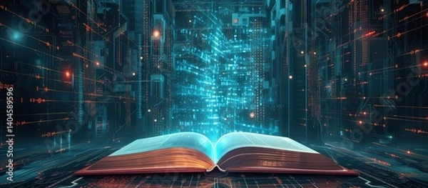 Fototapeta Futuristic open book for education with digital futuristic elements graphic.Generated AI