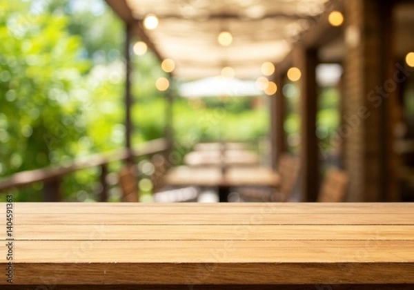 Fototapeta In focus in the foreground is a clear wooden tabletop, with a blurred background of a warm-lit cafe interior and outdoor greenery