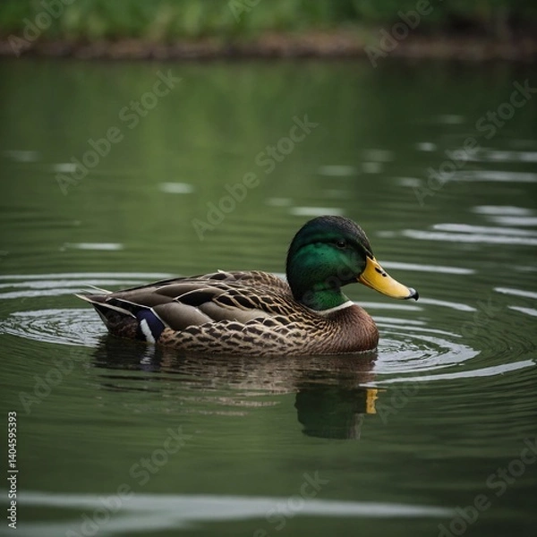 Fototapeta "A mallard duck floating peacefully on a calm pond, soft ripples in the water, bright green head and brown chest, photorealistic, natural lighting."