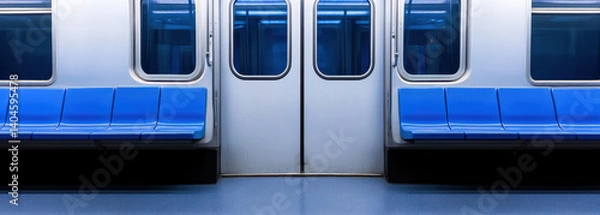 Obraz modern subway train interior featuring blue seats and metallic doors, creating clean and minimalist atmosphere. design emphasizes functionality and comfort for commuters