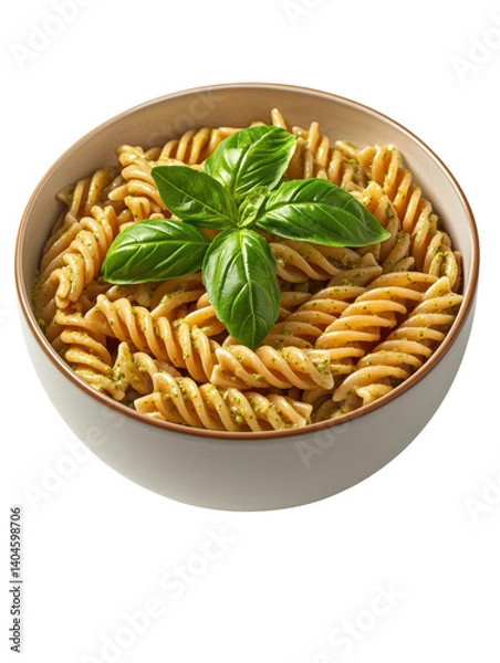 Fototapeta Delicious and colorful bowl of pasta twists topped with fresh basil leaves isolated on black background