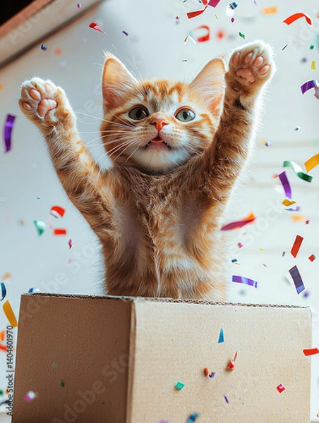 Obraz playful orange cat with raised paws is emerging from cardboard box, surrounded by colorful confetti. scene captures joyful and festive atmosphere, perfect for celebrations
