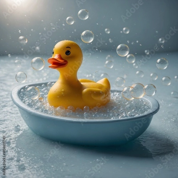 Fototapeta "A rubber duck floating in a bathtub full of bubbles, cute and clean, bright lighting, minimalistic background."