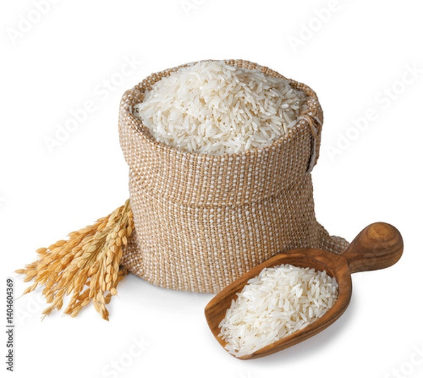Fototapeta long rice in burlap sack and wooden scoop with ears isolated on white background