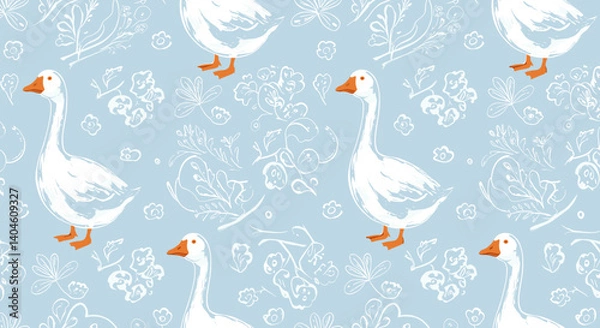 Fototapeta Elegant Goose Pattern: A charming pattern featuring stylized geese in a repeating design, evoking a sense of pastoral tranquility with delicate floral elements. 