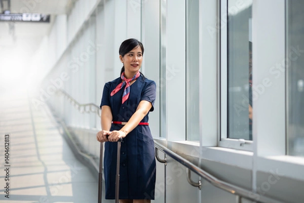 Fototapeta Portrait female Cabin crew or air hostess in airport. Cabin crew, air hostess working in airplane. Service mind. Asian stewardess with suitcase at modern airport terminal. flight attendant