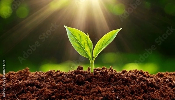 Fototapeta Fresh Green Sprouts Emerging from Soil as Springtime Begins

