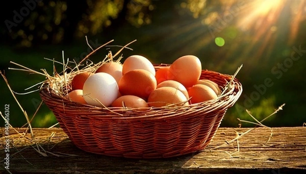 Fototapeta Rustic Woven Basket Filled with Fresh Farm Chicken Eggs

