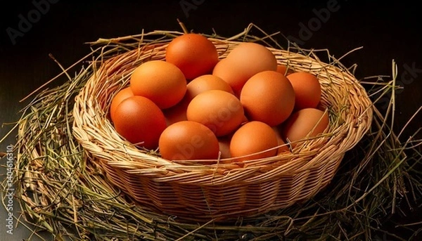 Obraz Rustic Woven Basket Filled with Fresh Farm Chicken Eggs

