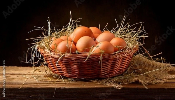 Fototapeta Rustic Woven Basket Filled with Fresh Farm Chicken Eggs

