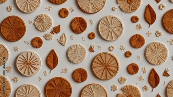 Fototapeta Embroidered circles leaves and floral shapes arranged on a surface