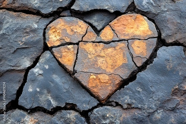 Fototapeta Heart shape formed by brown stones, set in dark cracked rock. Rough, weathered, and broken texture