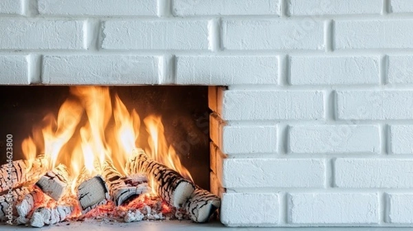 Fototapeta A warm and inviting fireplace featuring crackling flames and glowing embers against a white brick backdrop.