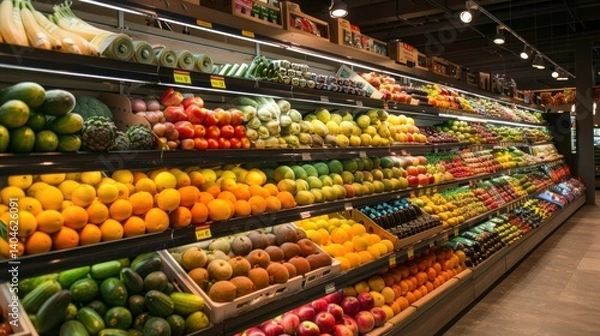 Fototapeta A grocery store with aisles full of fresh fruits and vegetables