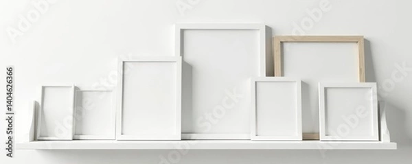Fototapeta White painted wood rack with various sized empty frames against white wall, wood, frames, minimalist