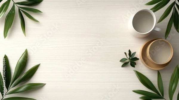Fototapeta A clean minimalist workspace features a white mug teacup wooden coasters and vibrant green tropical leaves arranged on a light wood table providing ample copy space.