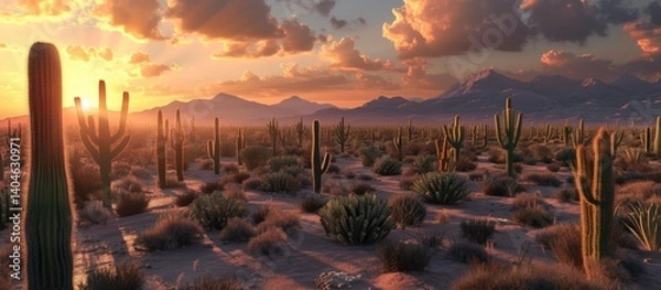 Fototapeta Beautiful cacti scattered all over the plateau with mountains in the background on a sunset view