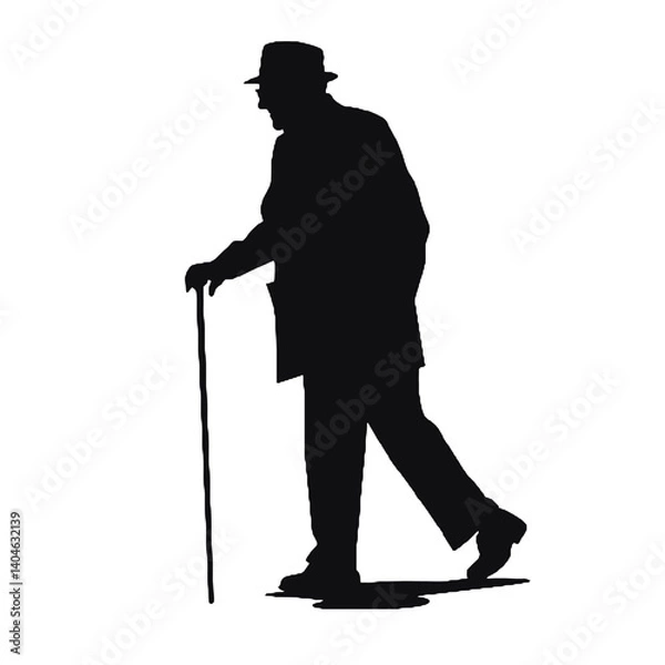 Obraz 杖を持った老人のシルエット、全身黒色のみ