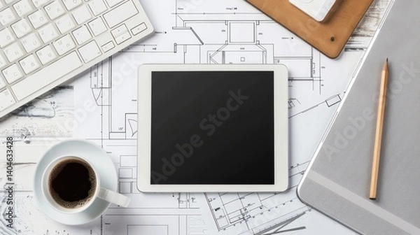 Fototapeta Architect's Workspace with Tablet and Blueprint