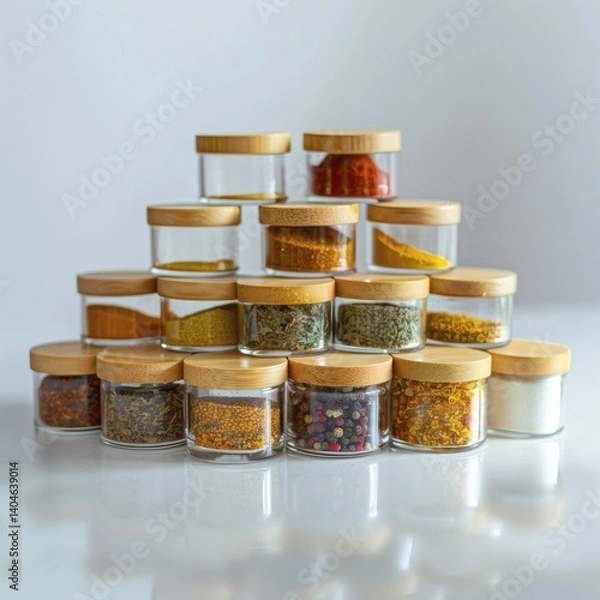 Obraz Organized Spice Collection: Stacked Glass Jars with Bamboo Lids Filled with Colorful Herbs and Seasonings
