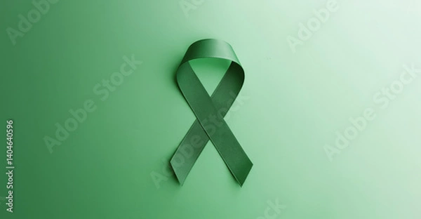 Obraz Mental Health Awareness Concept. Self Care, Positive Thinking, Happy and Optimistic Mind. a Green Ribbon lay on Green background. Table top view