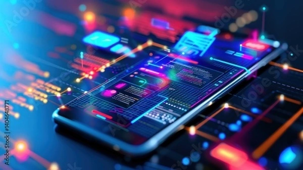 Fototapeta Futuristic digital mobile software technology development concept. Generated AI image