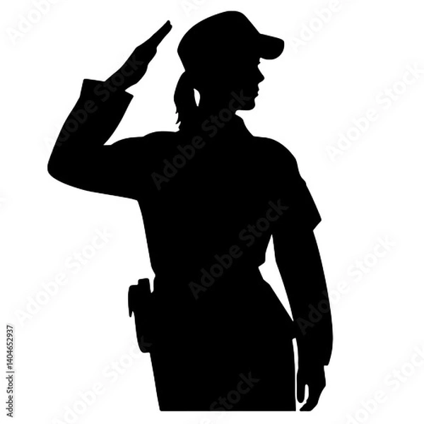 Fototapeta Silhouette simple, plate et minimaliste d’une femme soldat saluant, de couleur noire, sur fond blanc