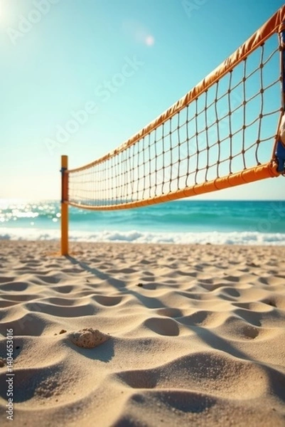 Fototapeta Beach volleyball net, sunlit sand, ocean view, game, leisure