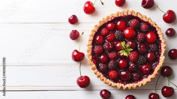 Obraz Fresh Berry Tart with Raspberries and Cherries on a Wooden Table