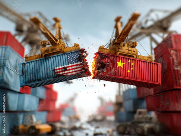 Fototapeta g. Shipping yard with cranes lifting containers representing the US and China into a head-on collision pose, symbolizing trade war intensity 