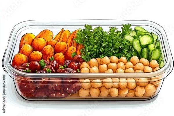 Fototapeta Healthy meal prep container with chickpeas carrots cucumbers and kidney beans