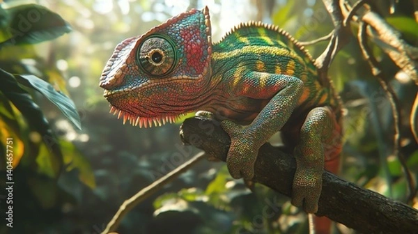 Fototapeta Colorful Chameleon Resting on Branch in Lush Tropical Forest Setting