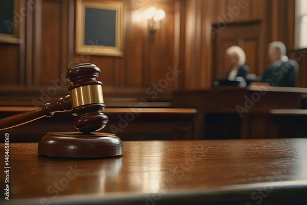 Obraz Wooden judge gavel on a table in a courtroom.