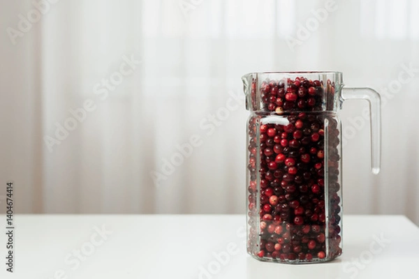 Obraz Cranberry. Small forest red berry. Cranberries in a jug and in a glass on the table. A glass of cranberries. Vitamins from nature. Selective focus.