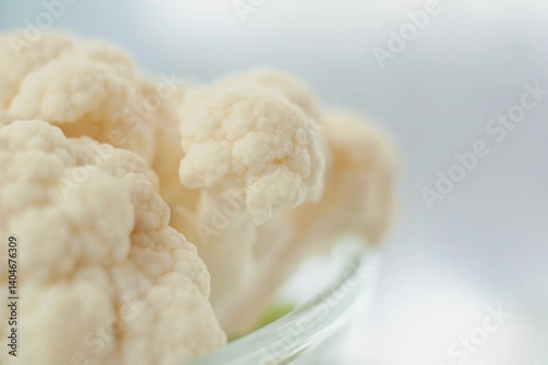 Fototapeta Cauliflower on a light background. Vegetables close-up. Macro photo.