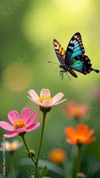Fototapeta Beautiful spring background with blue butterfly in flight and flowers anemones in forest on nature. Delicate elegant dreamy airy artistic image harmony of nature. High quality photo