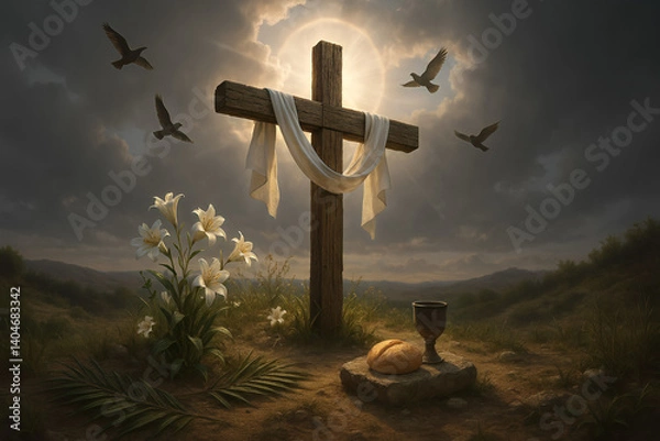 Fototapeta 3D render of cross on hill with communion elements
