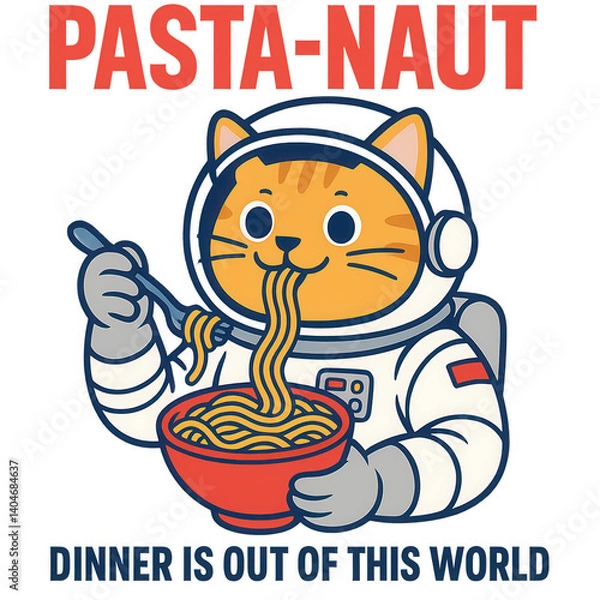 Obraz Pasta-Naut – Astronautenkatze isst Spaghetti, Retro-Design mit Spruch