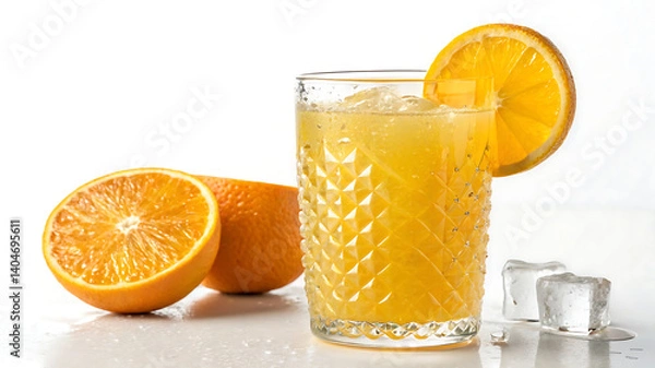Fototapeta Fresh Orange Juice in Faceted Glass with Citrus Slice Close-Up