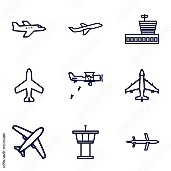 Fototapeta Set of 9 airplane outline icons