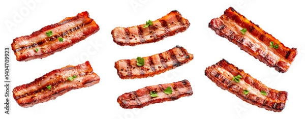 Fototapeta Set of bacon slices garnished with pepper grains, isolated on white transparent background