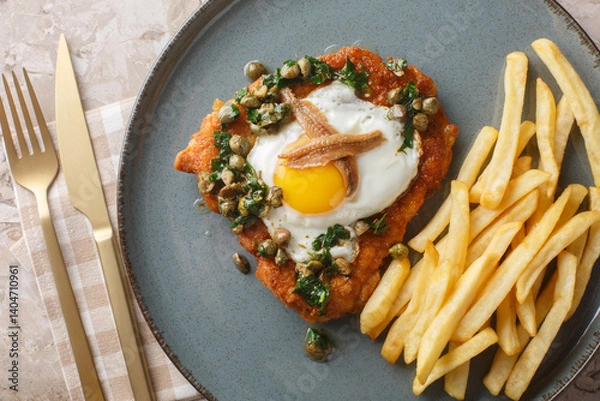 Fototapeta Schnitzel Holstein consists of a breaded cutlet served with a fried egg, anchovy and lemony caper sauce on top close up on the plate on the table. Horizontal top view from above