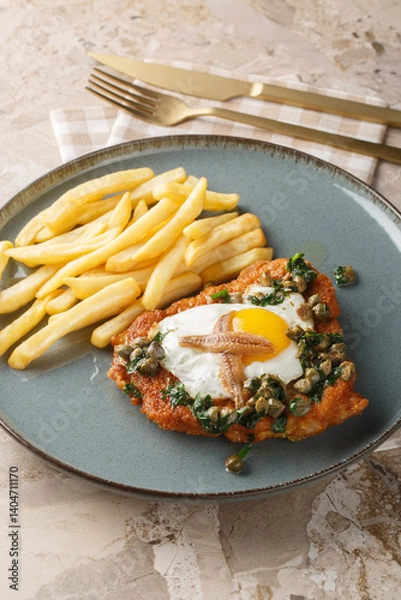 Fototapeta German Schnitzel holstein serve with a fried egg, anchovy and lemony caper sauce close up on the plate on the table. Vertical