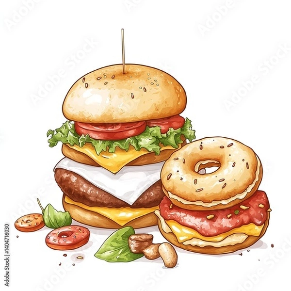 Obraz Burger and Donut Illustration - A Delicious Pair