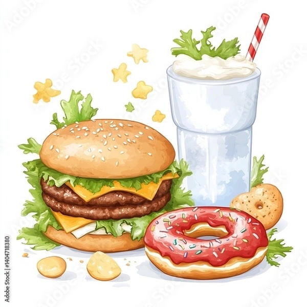 Obraz Colorful Fast Food Illustration with a Delicious Burger, Milkshake, and Donut