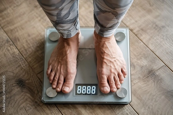 Fototapeta Digital bathroom scale with person standing on it, reset display, wooden floor view representing weight, health, fitness, and routine

