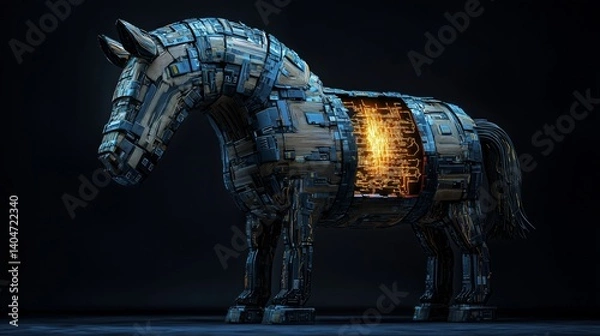 Obraz Cybernetic Trojan horse with illuminated code core symbolizing hidden malware threat and digital attack in cybersecurity concept