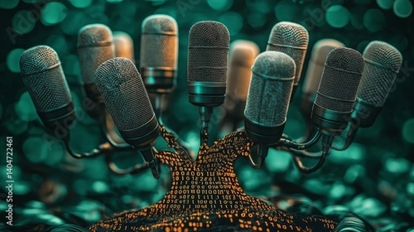 Obraz Close-up view of microphones branching from a binary code tree trunk, symbolizing digital misinformation and fake media influence