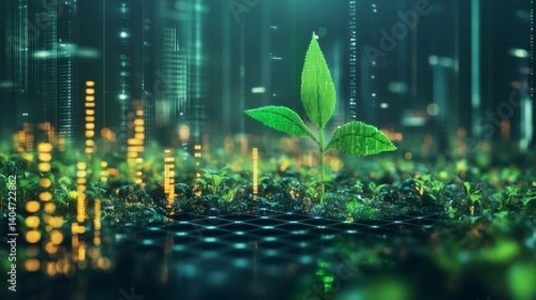 Fototapeta Digital green sprout emerging from soil surrounded by glowing projections and futuristic data visuals representing green finance solutions